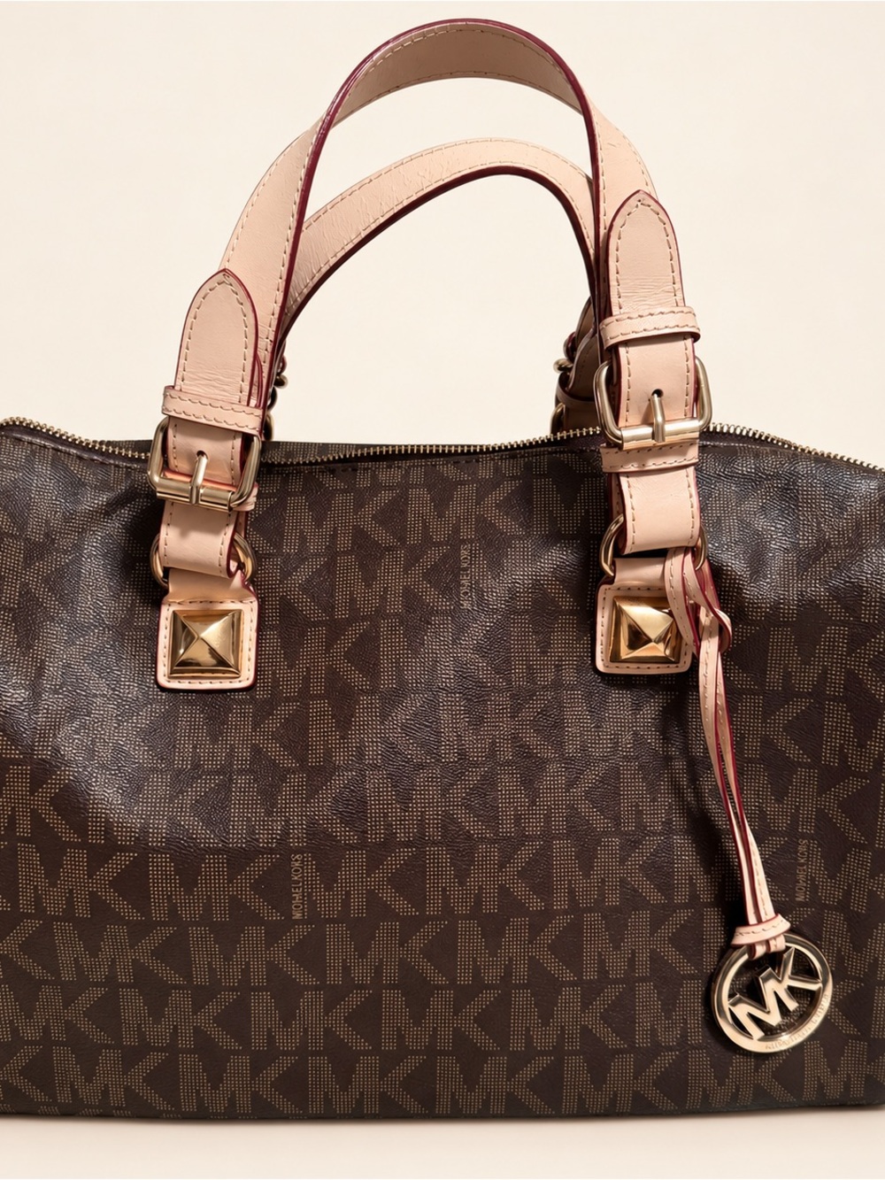Michael Kors Brown & Blush Logo Satchel with Gold Hardware and MK Charm